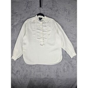 Lauren Ralph Lauren White Stitched Yoke Button Long Sleeve White Blouse Linen 14